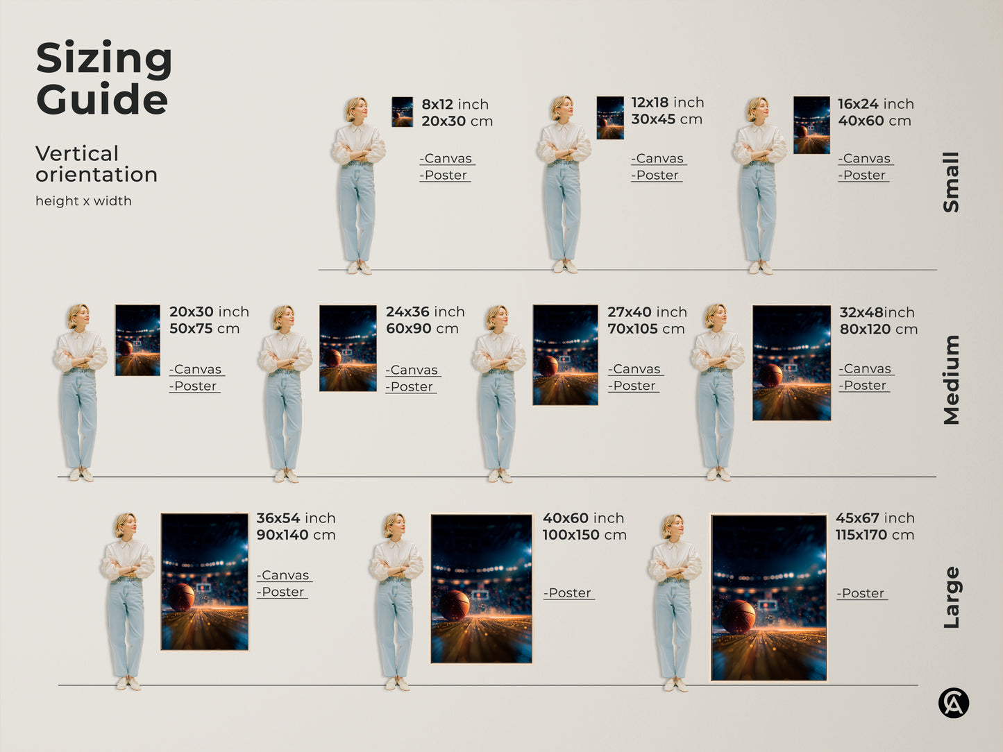Discover the perfect size for your basketball art. This sizing guide shows vertical orientation options. Options include canvas and poster prints. Visualize how each size fits in your space. Elevate your decor with sporty art.