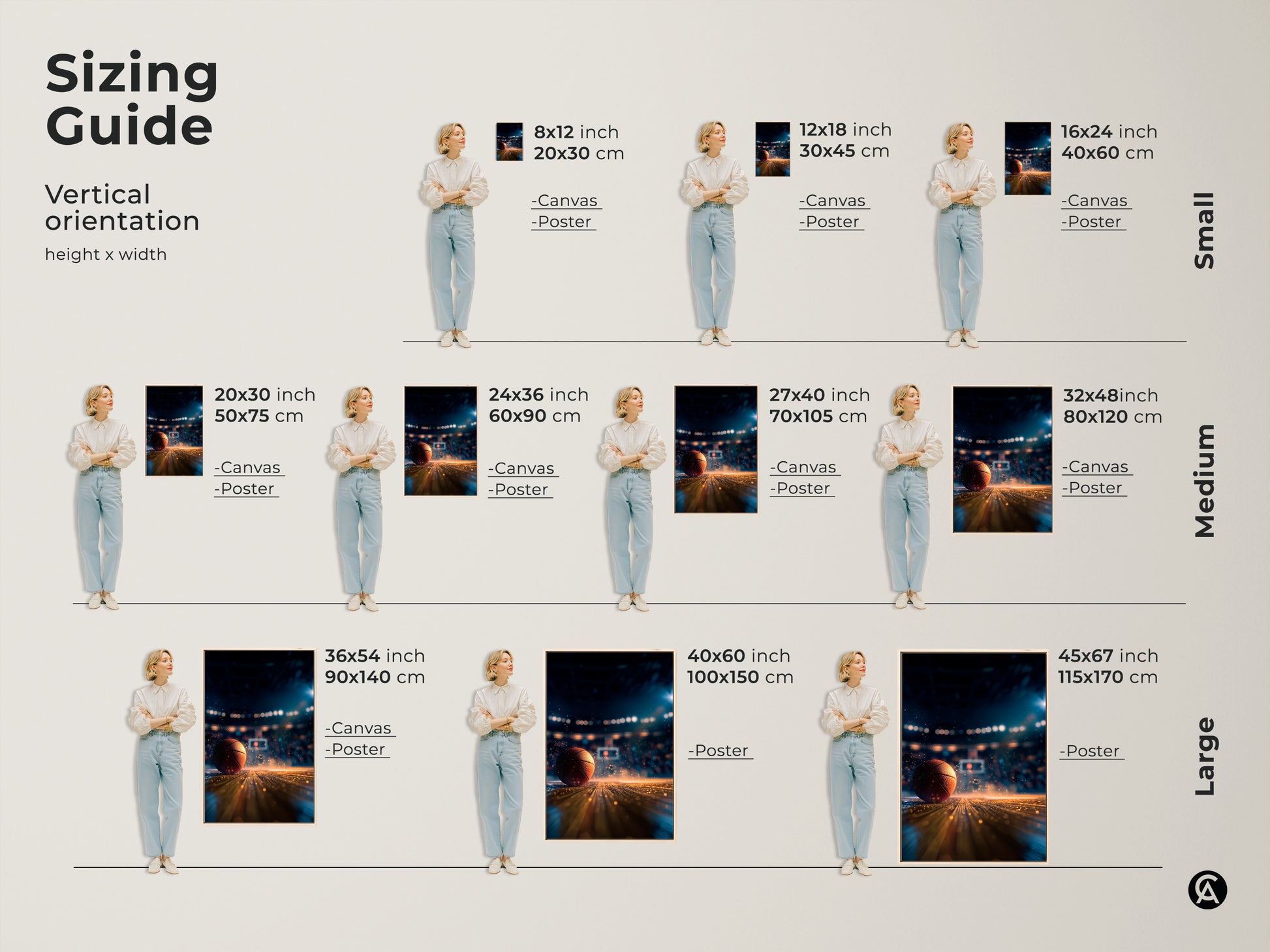 Discover the perfect size for your basketball art. This sizing guide shows vertical orientation options. Options include canvas and poster prints. Visualize how each size fits in your space. Elevate your decor with sporty art.