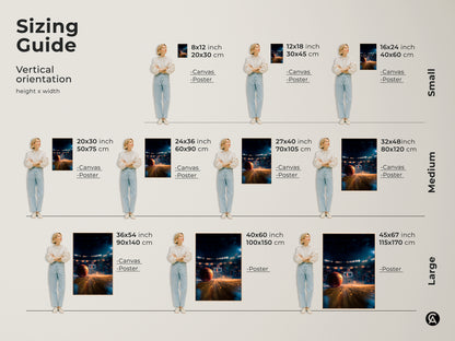 Discover the perfect size for your basketball art. This sizing guide shows vertical orientation options. Options include canvas and poster prints. Visualize how each size fits in your space. Elevate your decor with sporty art.