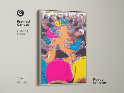 A white framed canvas shows dogs playing poker. Floating frame surrounds this surreal dog artwork. It is ready to hang in an office or den. The eclectic animal painting features playful bright colors. A perfect gift for dog enthusiasts.