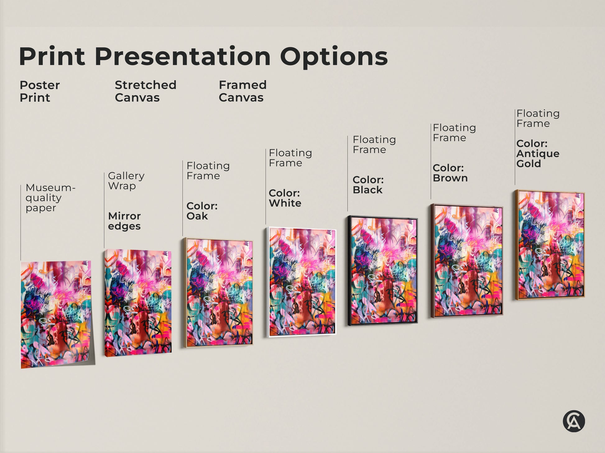 Print Presentation Options for Graffiti Style Art. Options include poster prints stretched canvas and framed canvas. Frame colors include oak white black brown and antique gold. Select the perfect presentation for your unique abstract artwork.