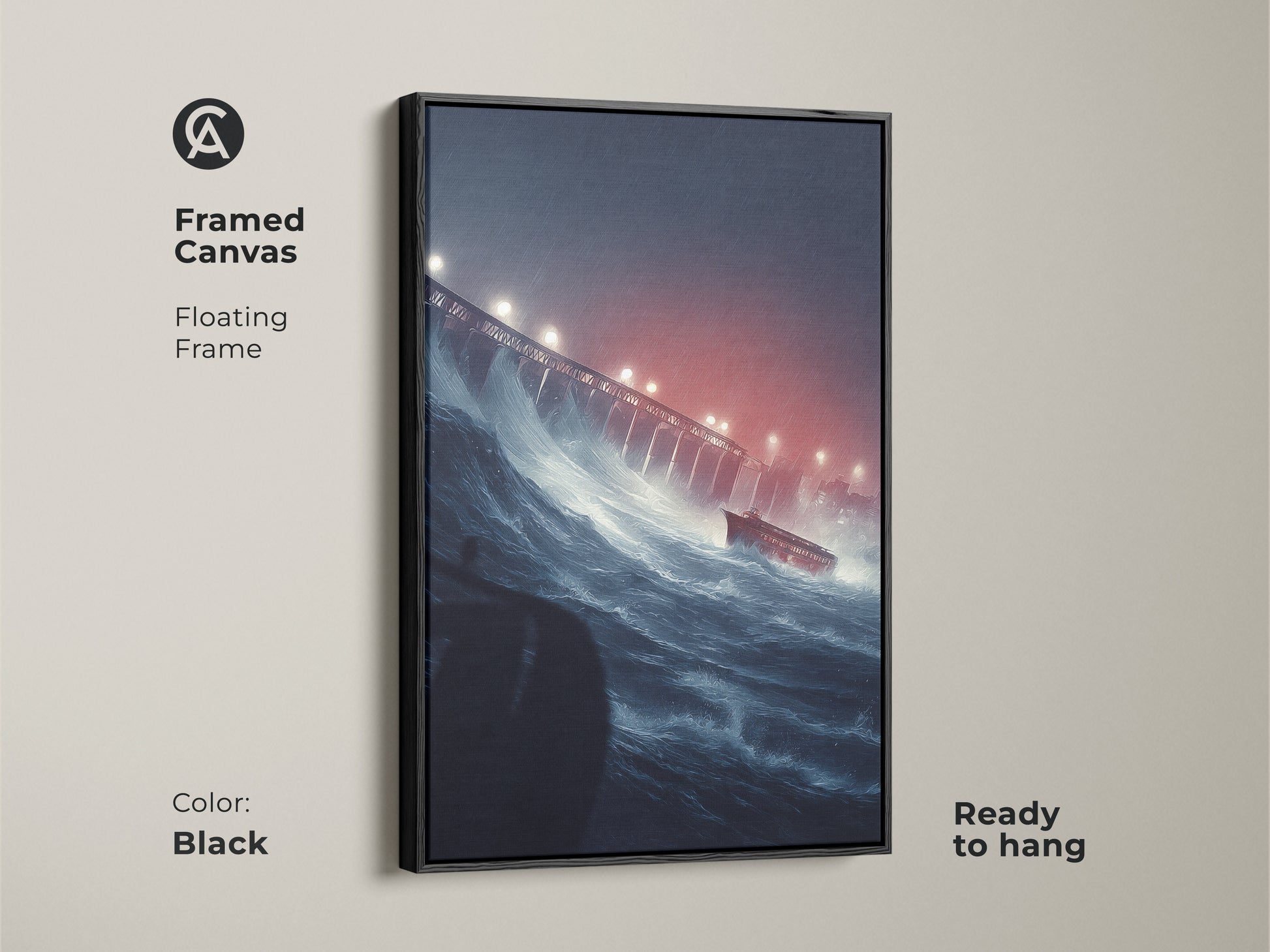 Framed canvas of a ship in a stormy sea with a floating black frame. This nautical artwork features dark blue waves and a red ship near a bridge. Ready to hang this eclectic decor adds a dramatic touch. Perfect for living rooms or entry halls.