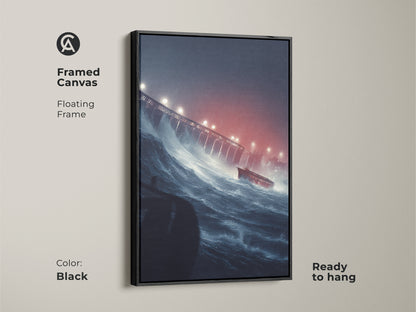 Framed canvas of a ship in a stormy sea with a floating black frame. This nautical artwork features dark blue waves and a red ship near a bridge. Ready to hang this eclectic decor adds a dramatic touch. Perfect for living rooms or entry halls.