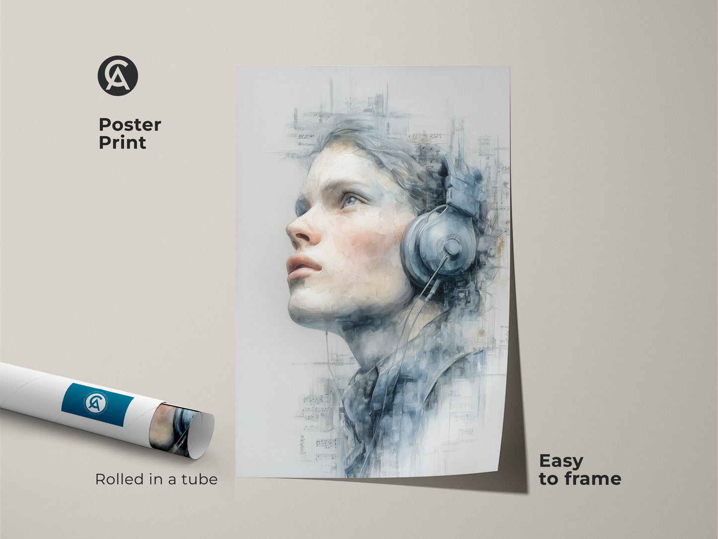 Poster print of a contemplative woman wearing headphones. The artwork is rolled in a tube. This music-themed poster is easy to frame. Bring artistic expression to your walls with this unique piece.