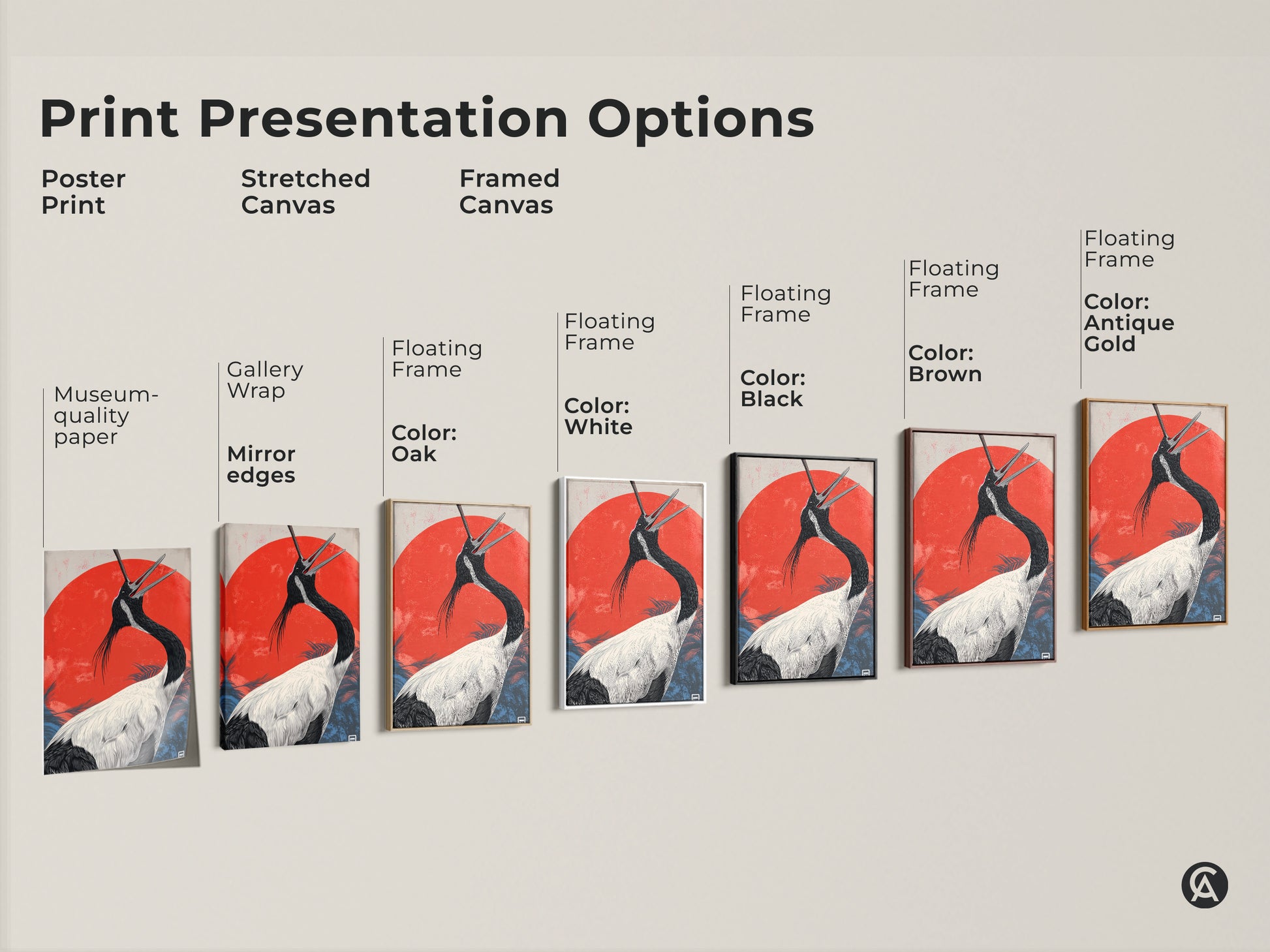 Print presentation options for Japanese crane art. Showcase poster prints stretched canvases and framed canvases. Discover various floating frame colors like black brown oak and white. This Asian wildlife artwork offers eclectic decor. A great bird lover gift