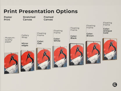 Print presentation options for Japanese crane art. Showcase poster prints stretched canvases and framed canvases. Discover various floating frame colors like black brown oak and white. This Asian wildlife artwork offers eclectic decor. A great bird lover gift