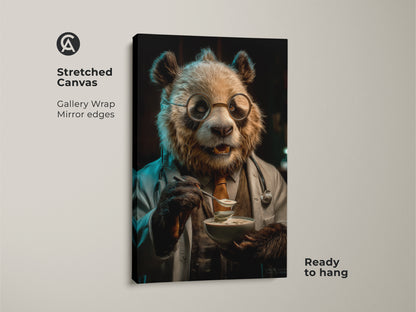 Stretched canvas gallery wrap featuring panda doctor art. This veterinarian gift wall art shows a funny animal character in a doctor's coat enjoying a bowl of soup. Ready to hang this is perfect as office art or for a vet clinic.