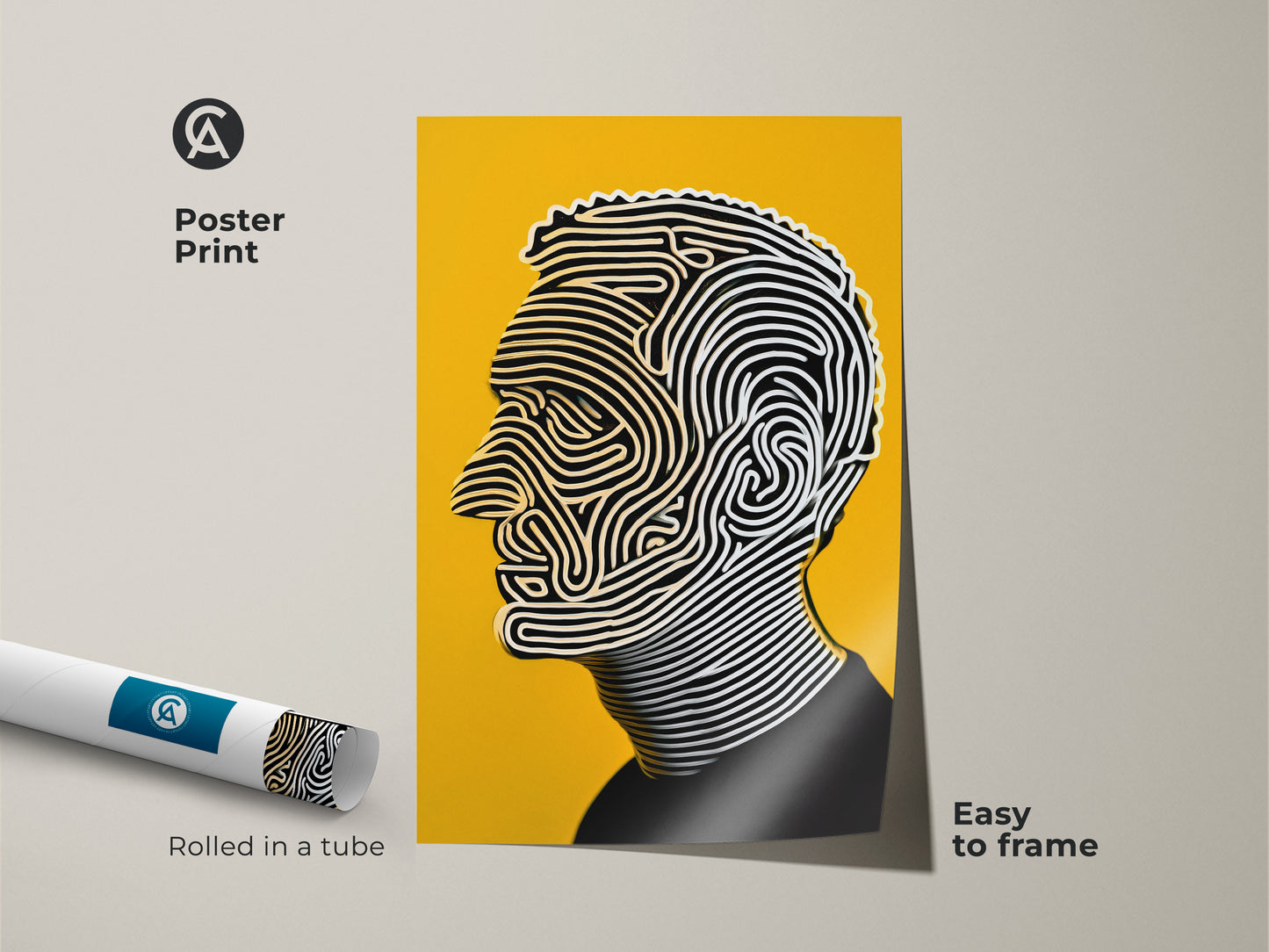 Poster print of a portrait artwork rolled in a tube. The artwork shows a man's profile with flowing lines. The artwork is easy to frame. The yellow background adds a modern touch. Ideal for art collectors seeking unique pieces.