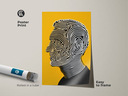 Poster print of a portrait artwork rolled in a tube. The artwork shows a man's profile with flowing lines. The artwork is easy to frame. The yellow background adds a modern touch. Ideal for art collectors seeking unique pieces.