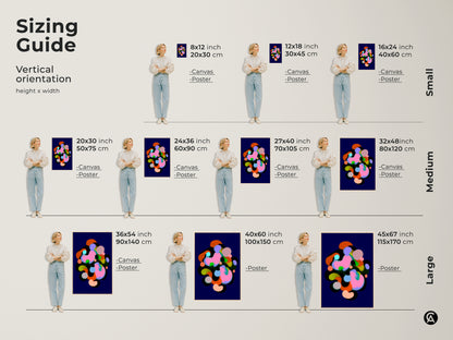 Sizing guide for vertical orientation of modern abstract art prints. Available as canvas or poster in sizes from small to large. Find the perfect fit for your space with geometric shapes in indigo pink and green tones ideal for bedroom or office decor.