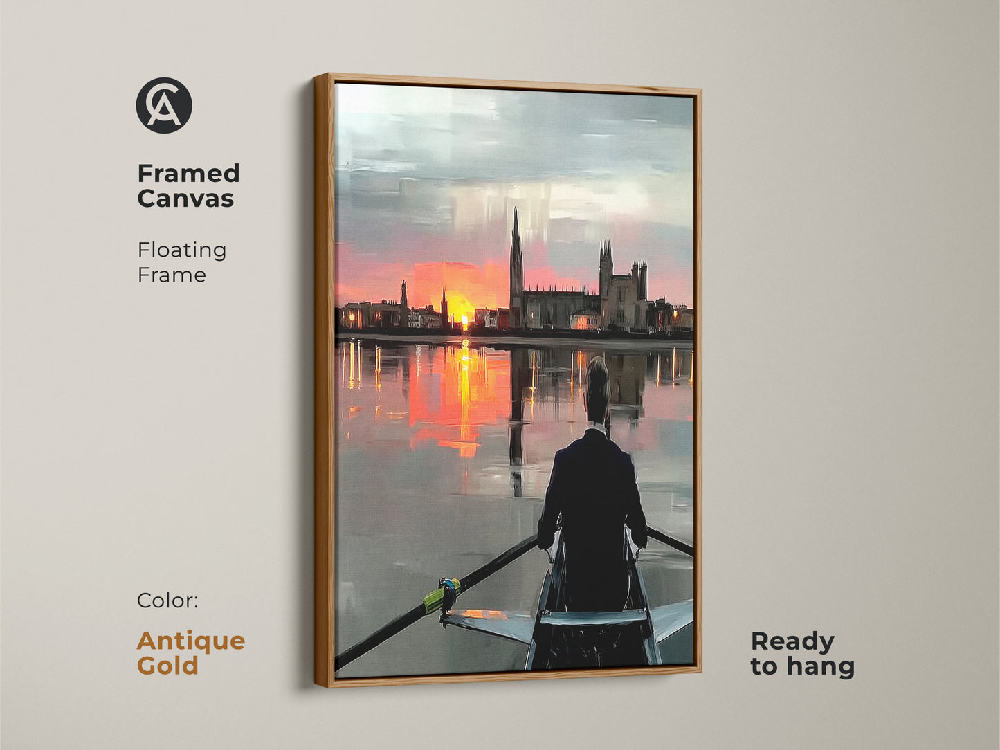 Framed canvas displaying rowing art at sunset with an antique gold frame. Impressionistic landscape art is ready to hang. The modern orange pink and grey tones provide a stylish touch. The cityscape sunset print enhances office decor. A great gift for rowers and athletes. A contemporary office art piece.