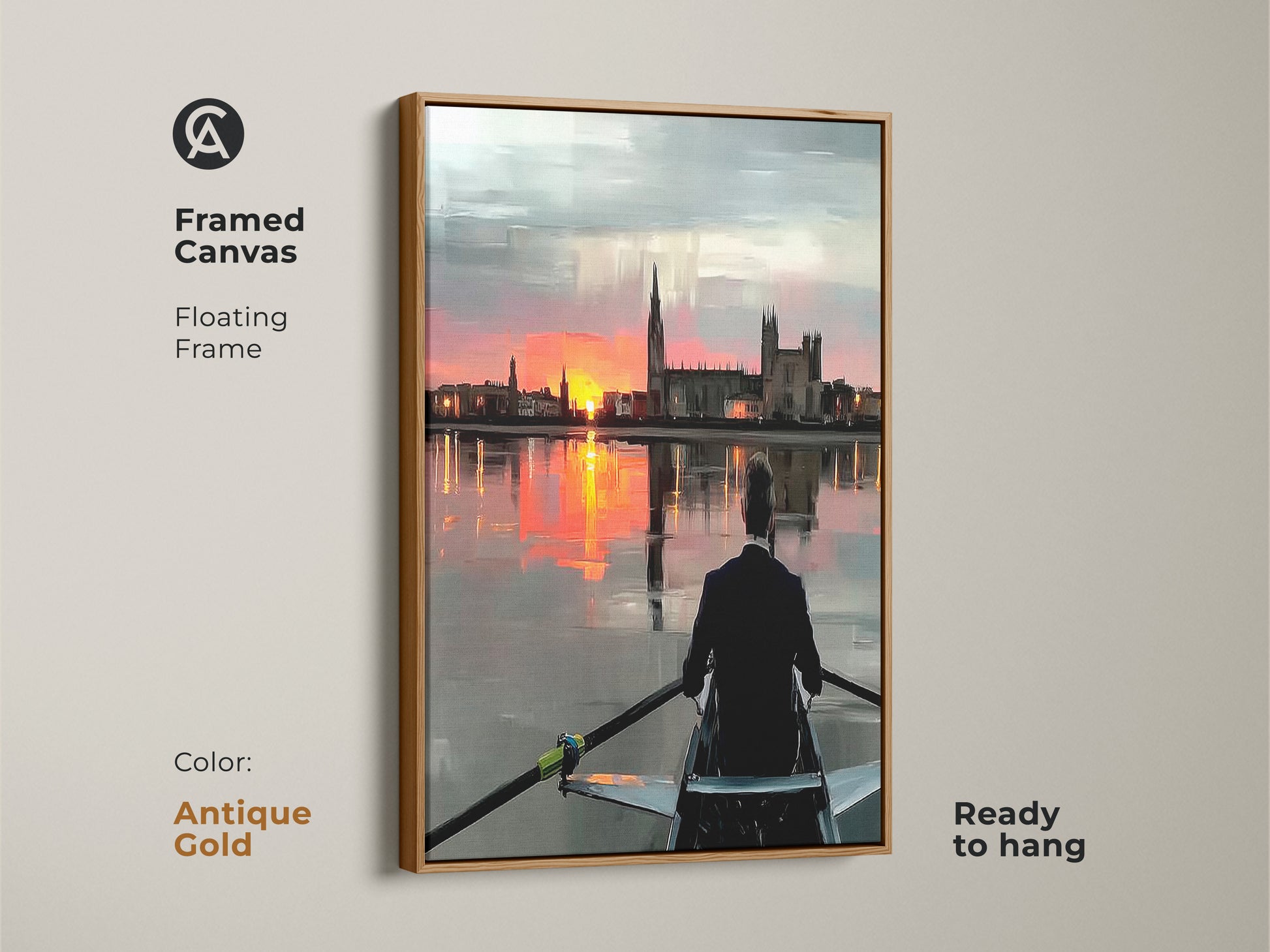 Framed canvas displaying rowing art at sunset with an antique gold frame. Impressionistic landscape art is ready to hang. The modern orange pink and grey tones provide a stylish touch. The cityscape sunset print enhances office decor. A great gift for rowers and athletes. A contemporary office art piece.