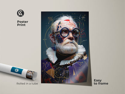 A poster print of a steampunk scientist. This art piece comes rolled in a tube for easy framing. The portrait blends abstract expressionism with retro futurism. It is ideal for science enthusiasts.