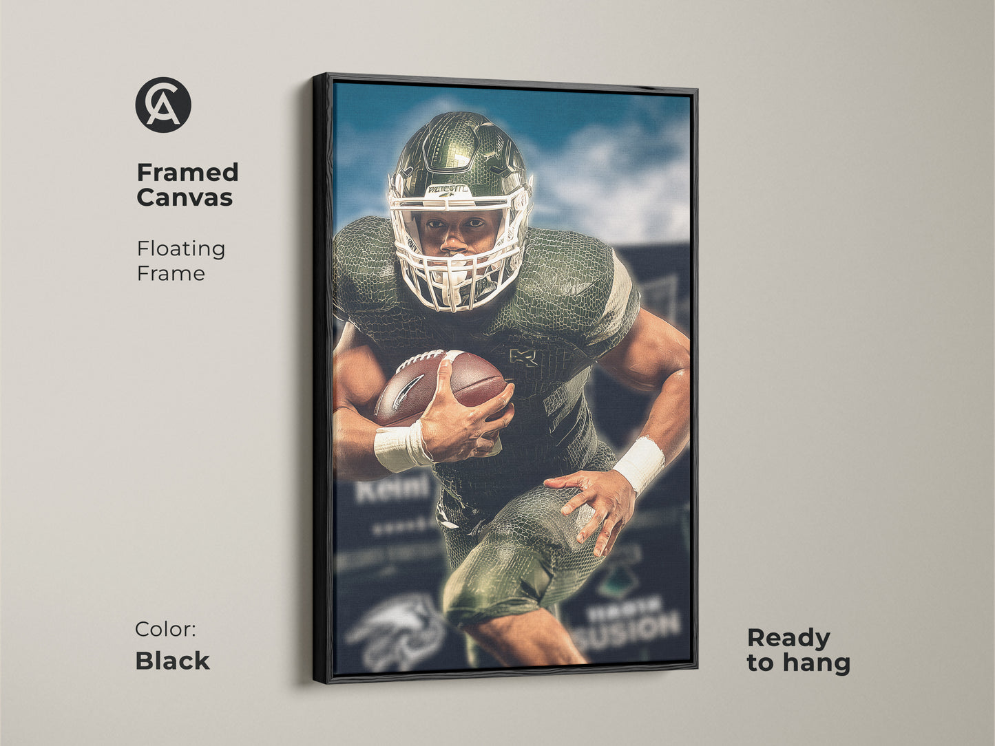 Framed canvas of an American football player artwork. Black floating frame enhances the green and white contemporary art. Ready to hang in a sports bar or man cave. A dynamic piece for any sports enthusiast's collection.