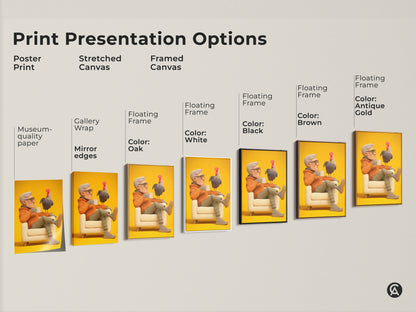 Print presentation options for the grandfather and rooster artwork. Showing poster print stretched canvas and framed canvas. Frame colors include black brown oak white antique gold. An eclectic study room wall decor or grandpa birthday gift. Funny animal canvas art.