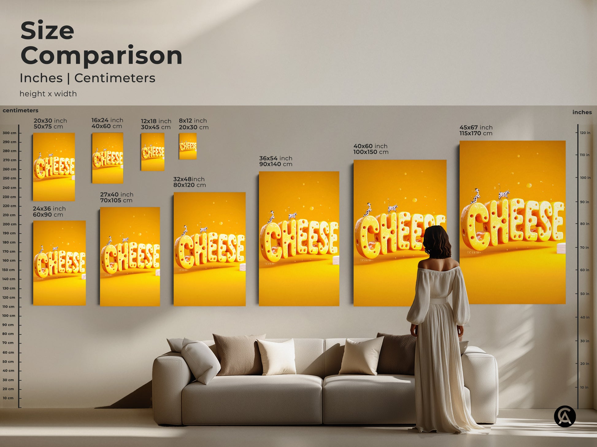 Size comparison of the 3D cheese word art canvas prints. See how the artwork fits above a sofa. Ranging from small to large sizes this is a unique housewarming gift. Perfect for eclectic kitchen and dining decor.