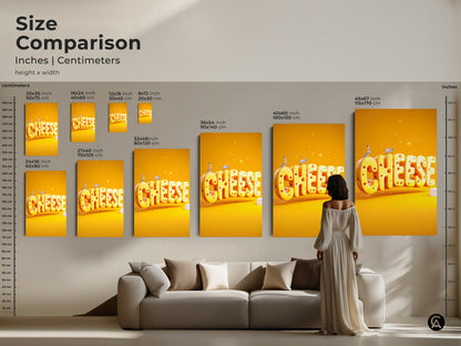 Size comparison of the 3D cheese word art canvas prints. See how the artwork fits above a sofa. Ranging from small to large sizes this is a unique housewarming gift. Perfect for eclectic kitchen and dining decor.