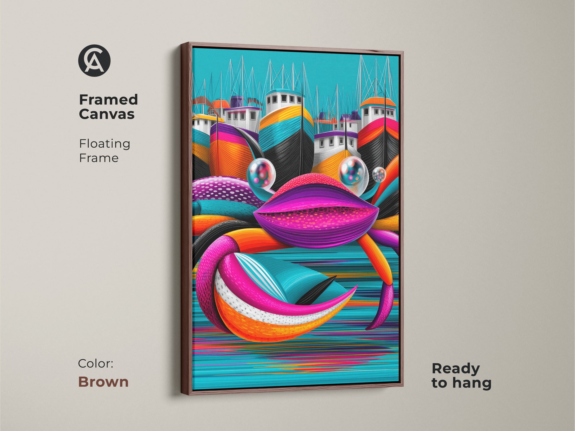 Framed canvas Pop Art crab painting in brown floating frame. Ready to hang marine life wall art. This aqua orange teal print is perfect for coastal living room art. Unique home decor gift.