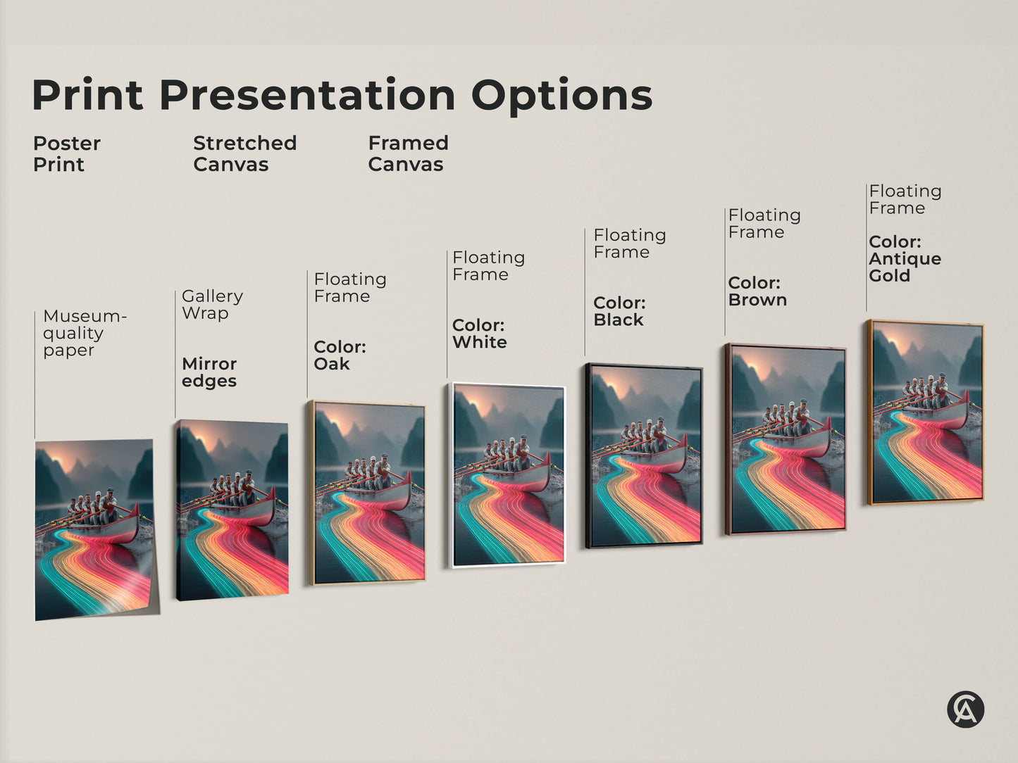 This image showcases print presentation options. Poster prints are museum-quality paper. Stretched canvas has gallery wrap mirror edges. Framed canvas has floating frames. Consider black brown oak or antique gold frames.