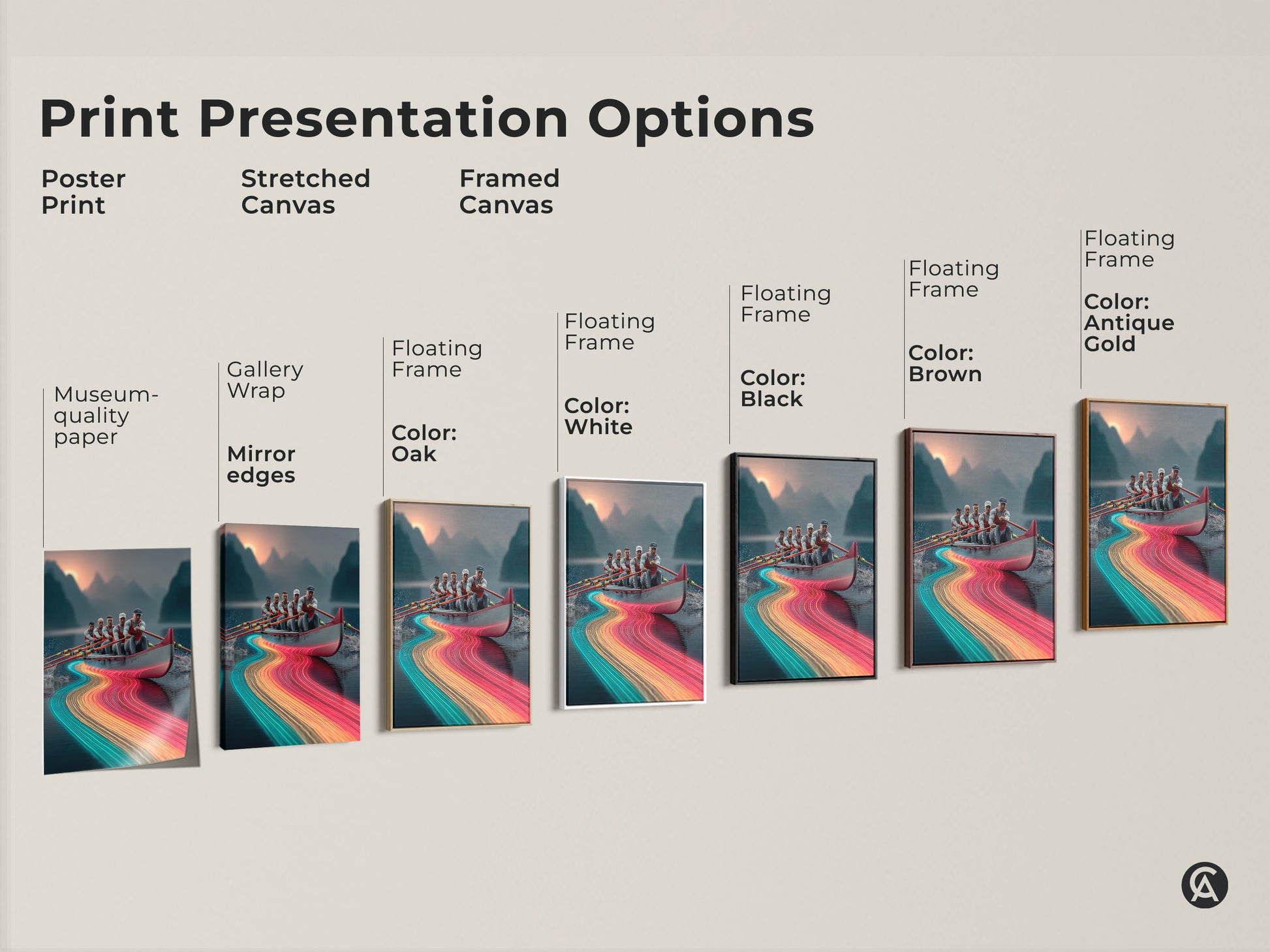 This image showcases print presentation options. Poster prints are museum-quality paper. Stretched canvas has gallery wrap mirror edges. Framed canvas has floating frames. Consider black brown oak or antique gold frames.