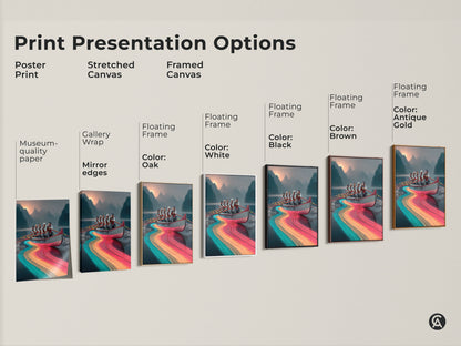 This image showcases print presentation options. Poster prints are museum-quality paper. Stretched canvas has gallery wrap mirror edges. Framed canvas has floating frames. Consider black brown oak or antique gold frames.