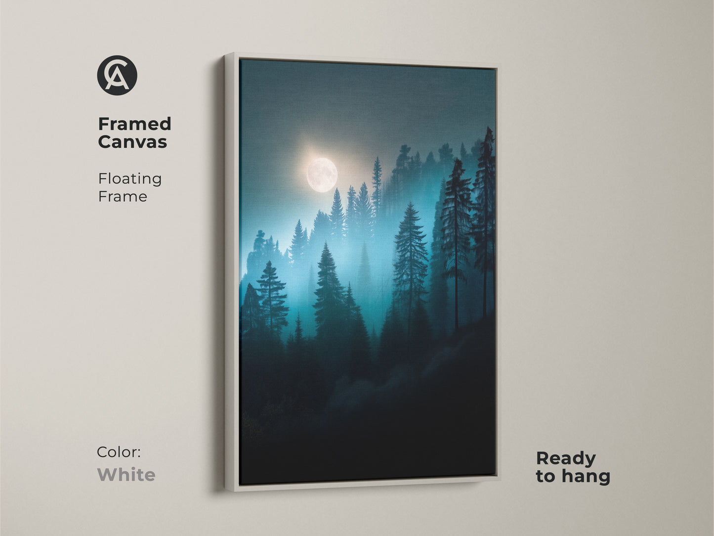 White framed canvas art featuring a moonlit forest. Deep blue and teal pine trees bring a serene nature landscape. This ready-to-hang artwork offers a fresh modern look.