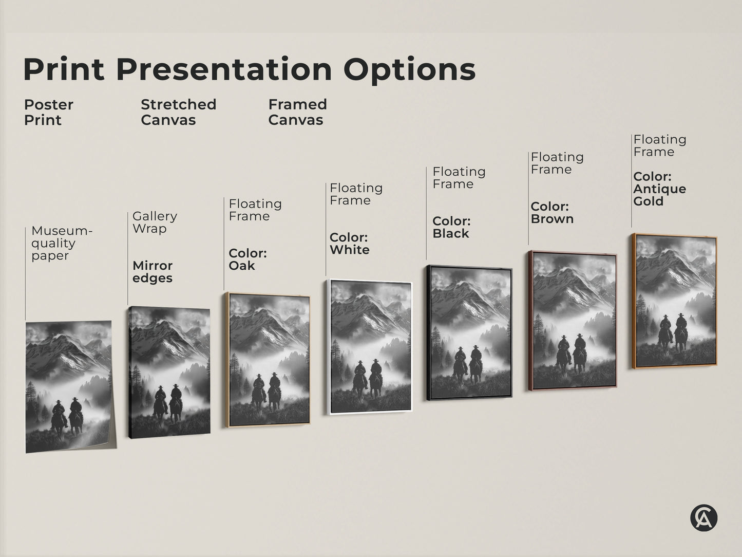 Print presentation options showcasing various formats. See poster prints stretched canvases and framed canvases. Each features a monochrome cowboy art of riders in a misty mountain landscape.