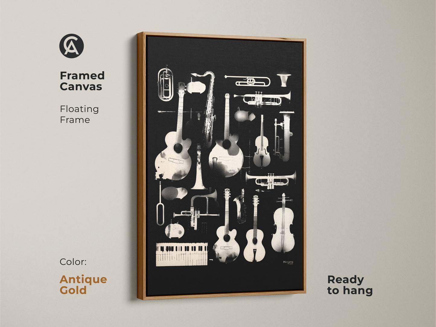 Antique gold framed canvas art featuring a variety of musical instruments. Guitars saxophones and trumpets are showcased in the artwork. This ready-to-hang canvas adds a touch of musical sophistication to your home. The floating frame enhances its overall aesthetic