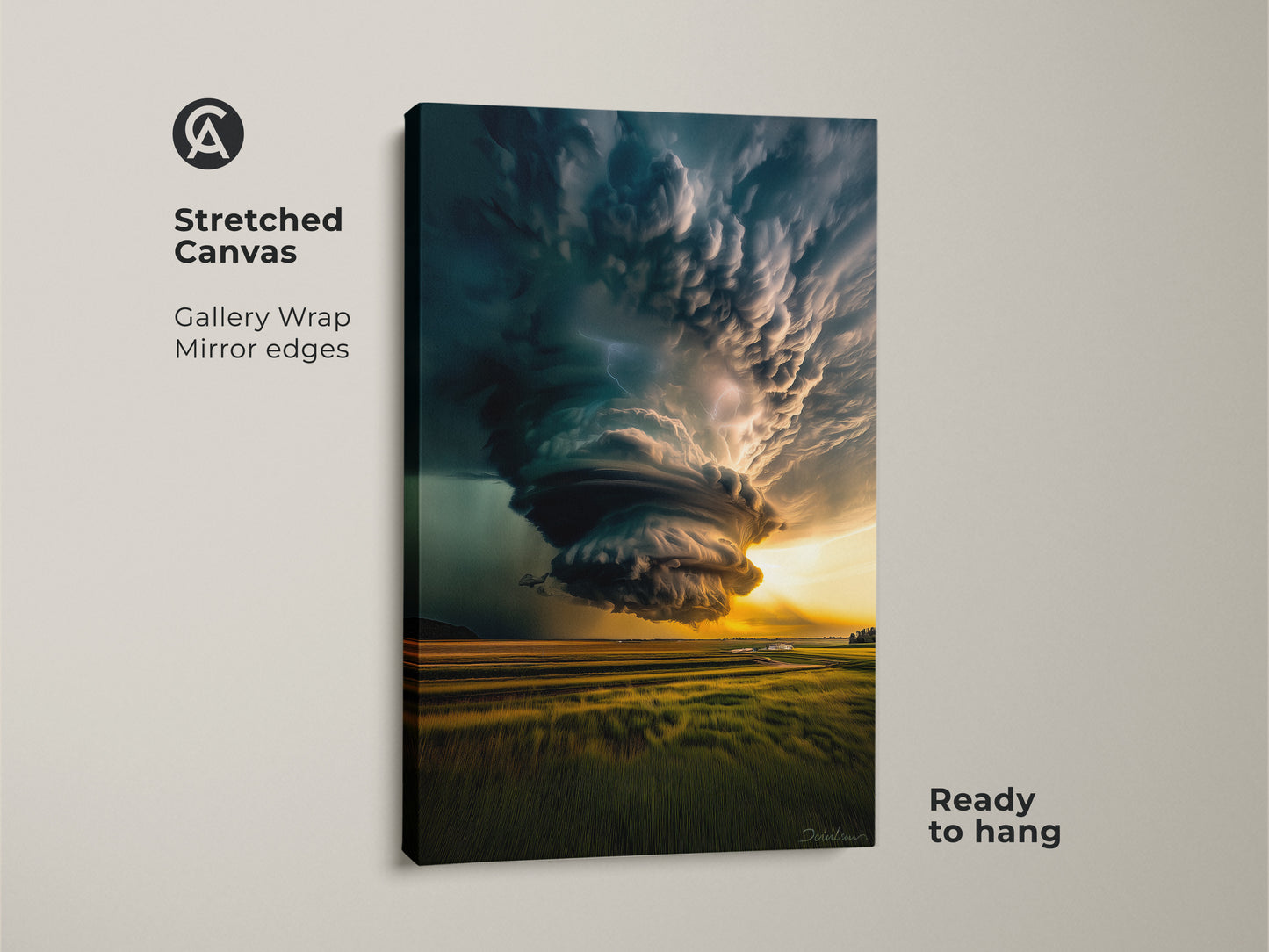 Stretched canvas artwork of a dramatic storm with gallery wrap and mirror edges. This teal and yellow tornado landscape art is ready to hang. Perfect nature-inspired wall decor adding a dynamic focal point to any room. Modern art for an office or living room.