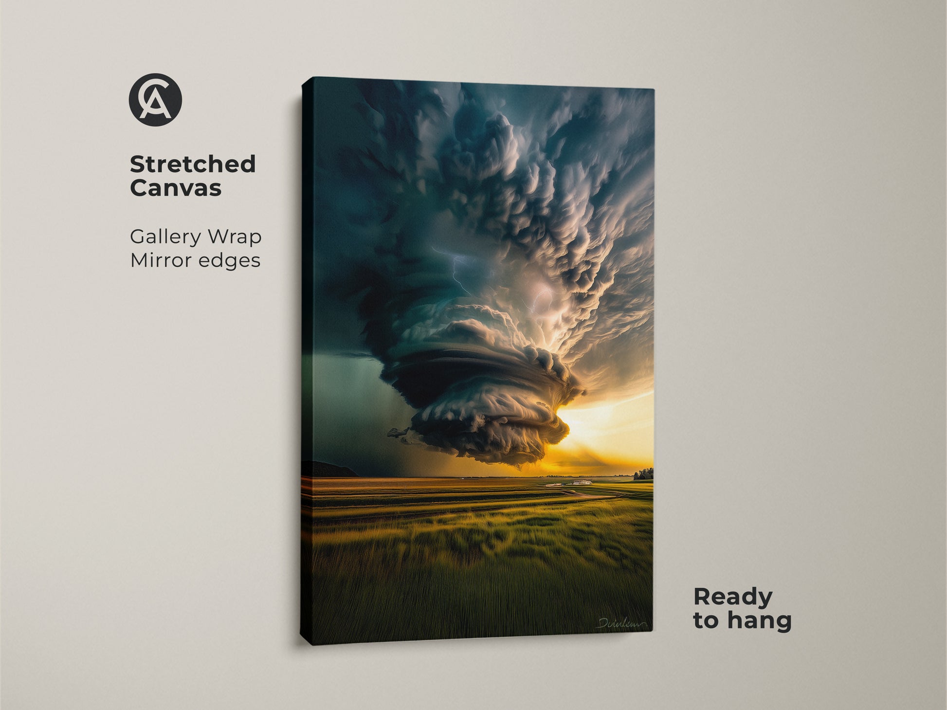 Stretched canvas artwork of a dramatic storm with gallery wrap and mirror edges. This teal and yellow tornado landscape art is ready to hang. Perfect nature-inspired wall decor adding a dynamic focal point to any room. Modern art for an office or living room.