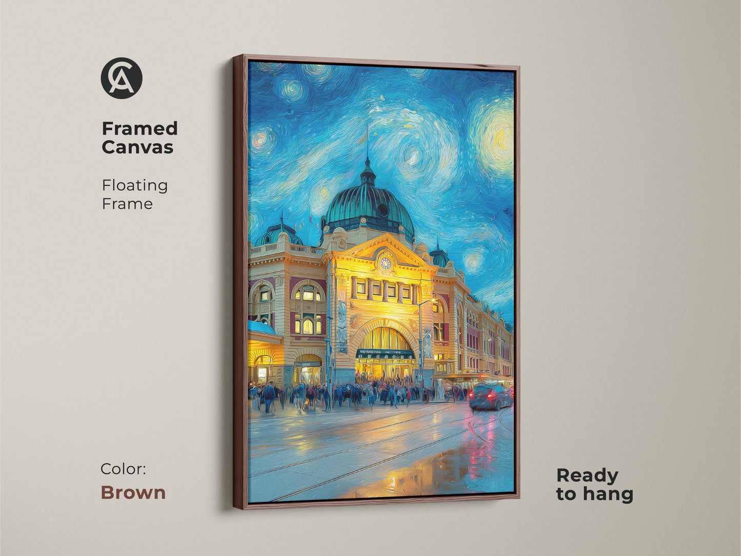 Brown framed canvas art print of Flinders Street Station. This ready-to-hang artwork features a floating frame. The painting showcases a Starry Night style. The brown frame adds warmth.