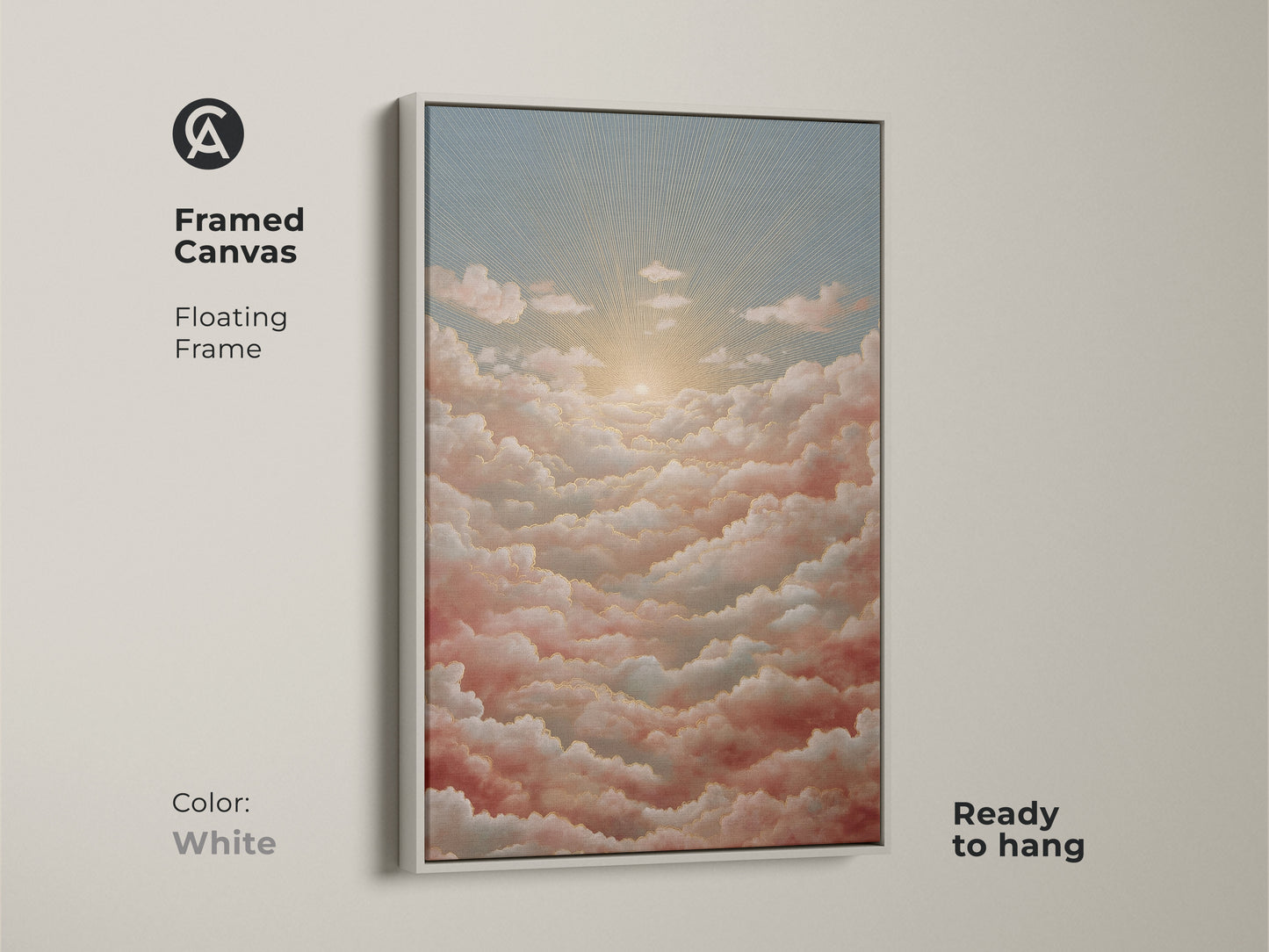 Detailed view of modern shapes canvas print. The abstract color splash art uses orange gold and teal. It is a striking piece of office decor wall art. This artwork serves as a sophisticated focal point.