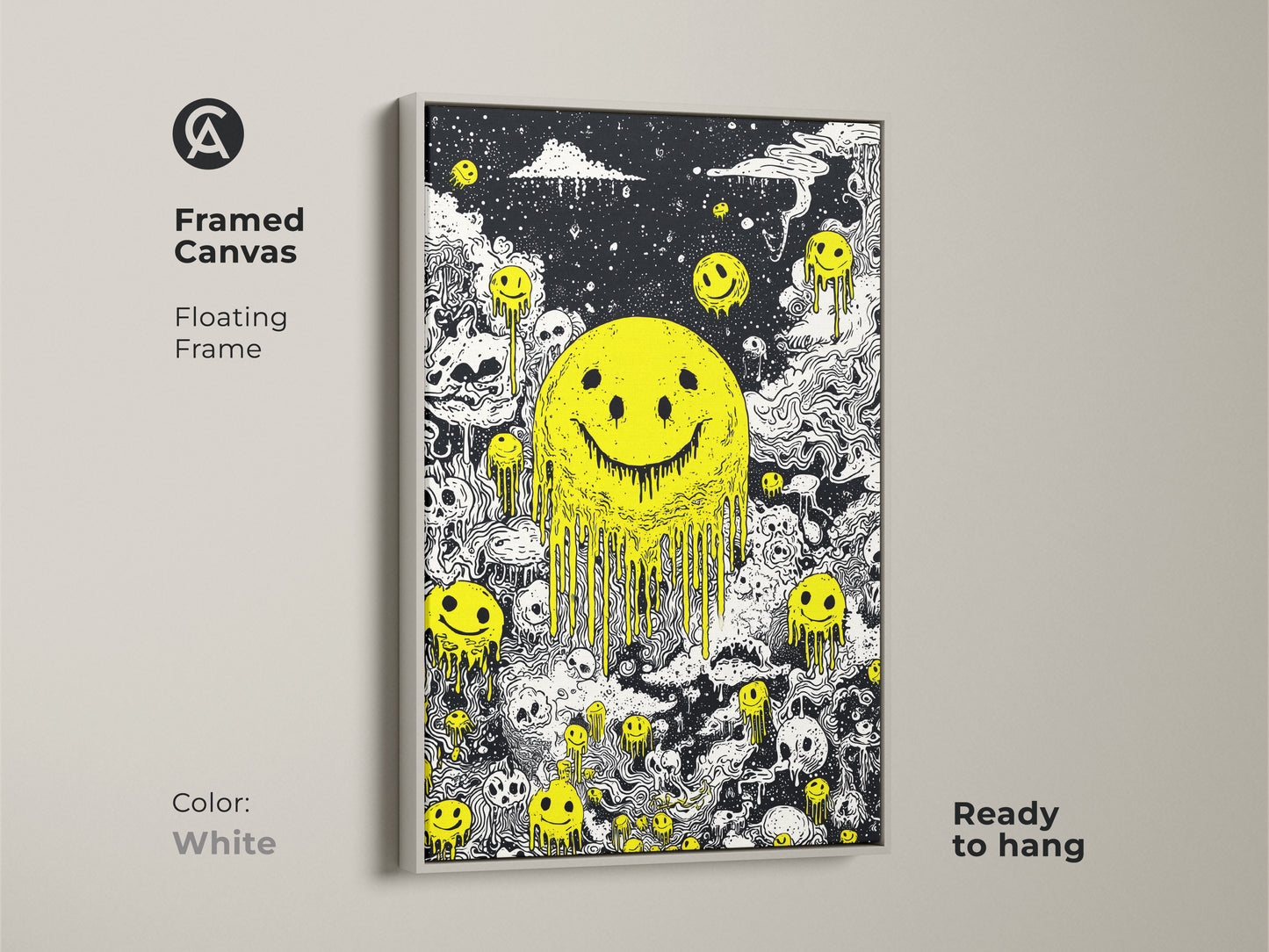 Framed canvas with floating frame features melting smiley faces and skulls. The frame is white. This ready-to-hang artwork adds a clean modern touch to any room. The black and white art with the yellow smiley face creates a minimalist yet bold aesthetic. Ideal for contemporary spaces.