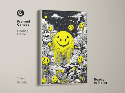 Framed canvas with floating frame features melting smiley faces and skulls. The frame is white. This ready-to-hang artwork adds a clean modern touch to any room. The black and white art with the yellow smiley face creates a minimalist yet bold aesthetic. Ideal for contemporary spaces.