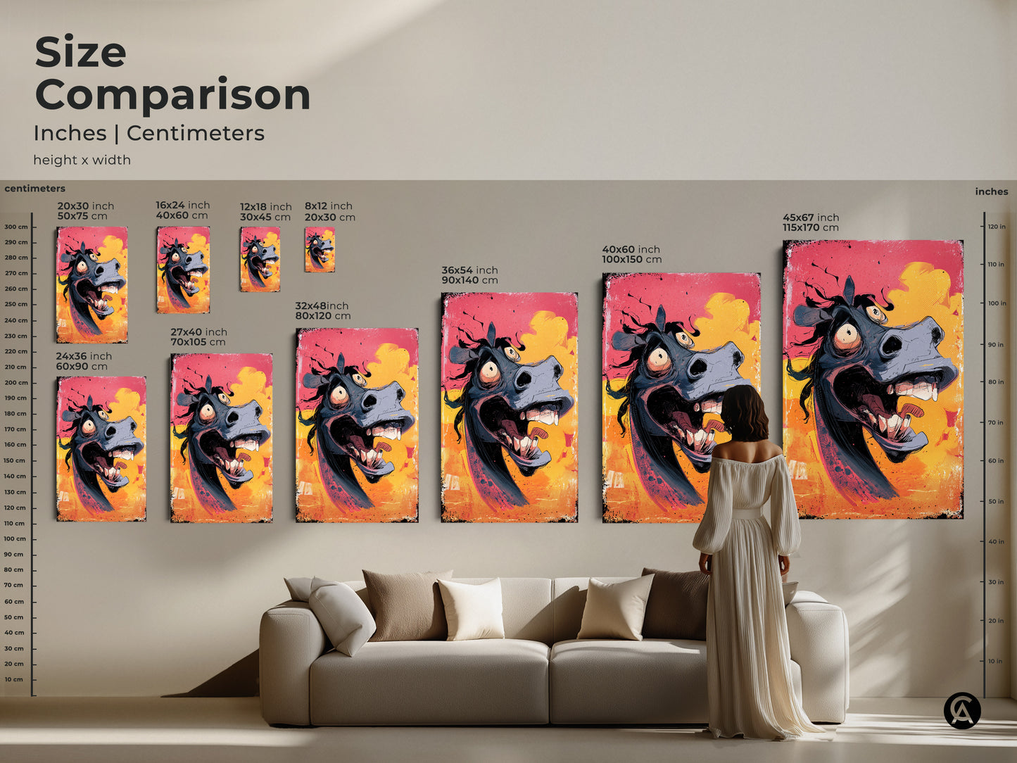 Size comparison of cartoon horse art print sizes. Inches and centimeters are shown. Poster and canvas options are displayed above a couch for scale. Choose the ideal size for your funny animal artwork. Perfect for horse lovers or eclectic decor.