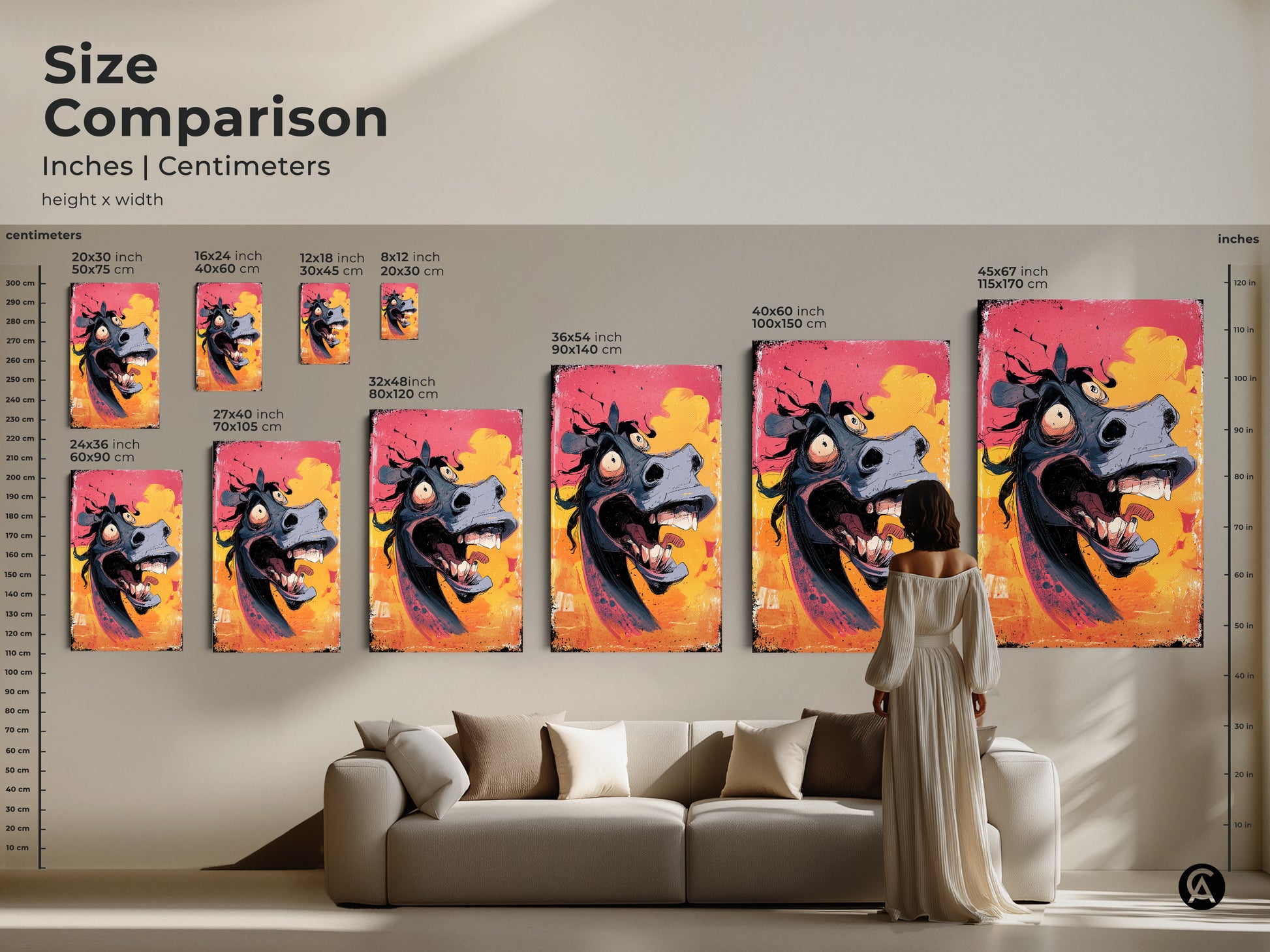 Size comparison of cartoon horse art print sizes. Inches and centimeters are shown. Poster and canvas options are displayed above a couch for scale. Choose the ideal size for your funny animal artwork. Perfect for horse lovers or eclectic decor.