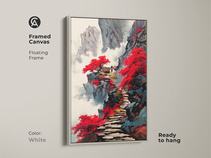 Framed canvas of a red mountain pagoda art print with a white floating frame. The Japanese ink wash landscape shows traditional Asian wall decor. The Japandi style art is ready to hang and enjoy.