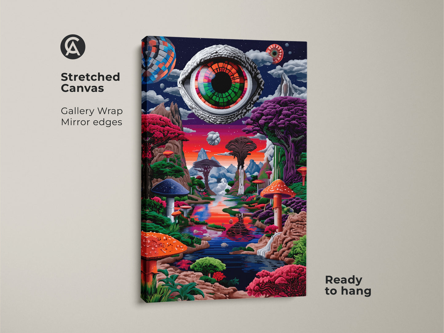 A stretched canvas print of Eye See You. The gallery wrap and mirror edges give it a clean modern look. A surreal eye overlooks a mushroom-filled landscape. Ready to hang this art piece brings a psychedelic vibe to your wall decor.