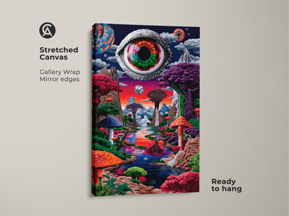 A stretched canvas print of Eye See You. The gallery wrap and mirror edges give it a clean modern look. A surreal eye overlooks a mushroom-filled landscape. Ready to hang this art piece brings a psychedelic vibe to your wall decor.