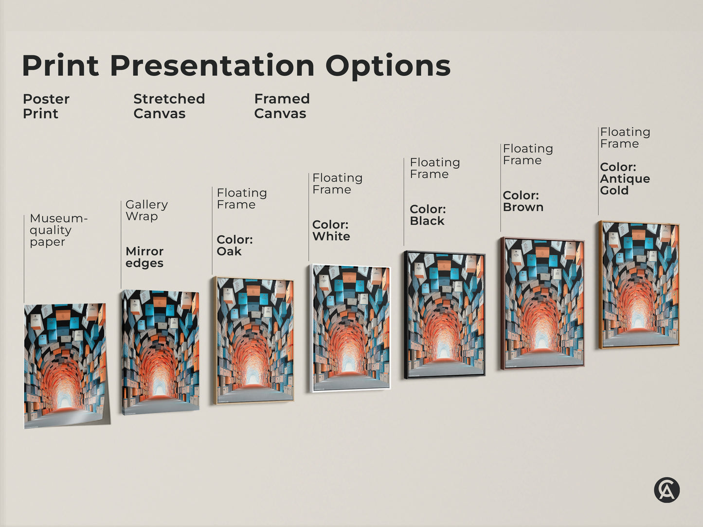Explore print presentation options for this abstract tunnel artwork. Choose between a poster print a stretched canvas or a framed canvas. Each option displays the conceptual design in museum-quality paper. The gallery wrap mirrors the edges offering floating frames in black brown oak white and antique gold.