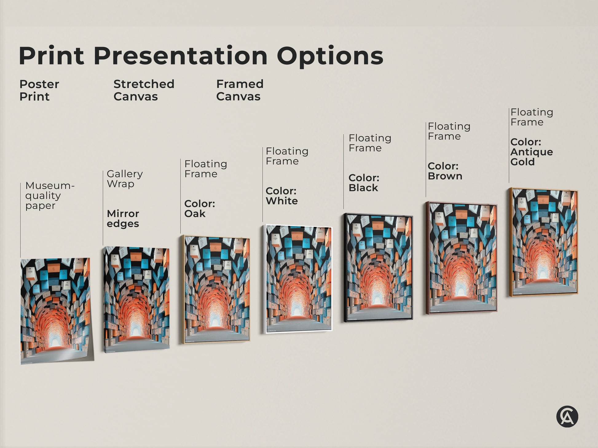 Explore print presentation options for this abstract tunnel artwork. Choose between a poster print a stretched canvas or a framed canvas. Each option displays the conceptual design in museum-quality paper. The gallery wrap mirrors the edges offering floating frames in black brown oak white and antique gold.