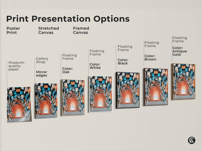 Explore print presentation options for this abstract tunnel artwork. Choose between a poster print a stretched canvas or a framed canvas. Each option displays the conceptual design in museum-quality paper. The gallery wrap mirrors the edges offering floating frames in black brown oak white and antique gold.