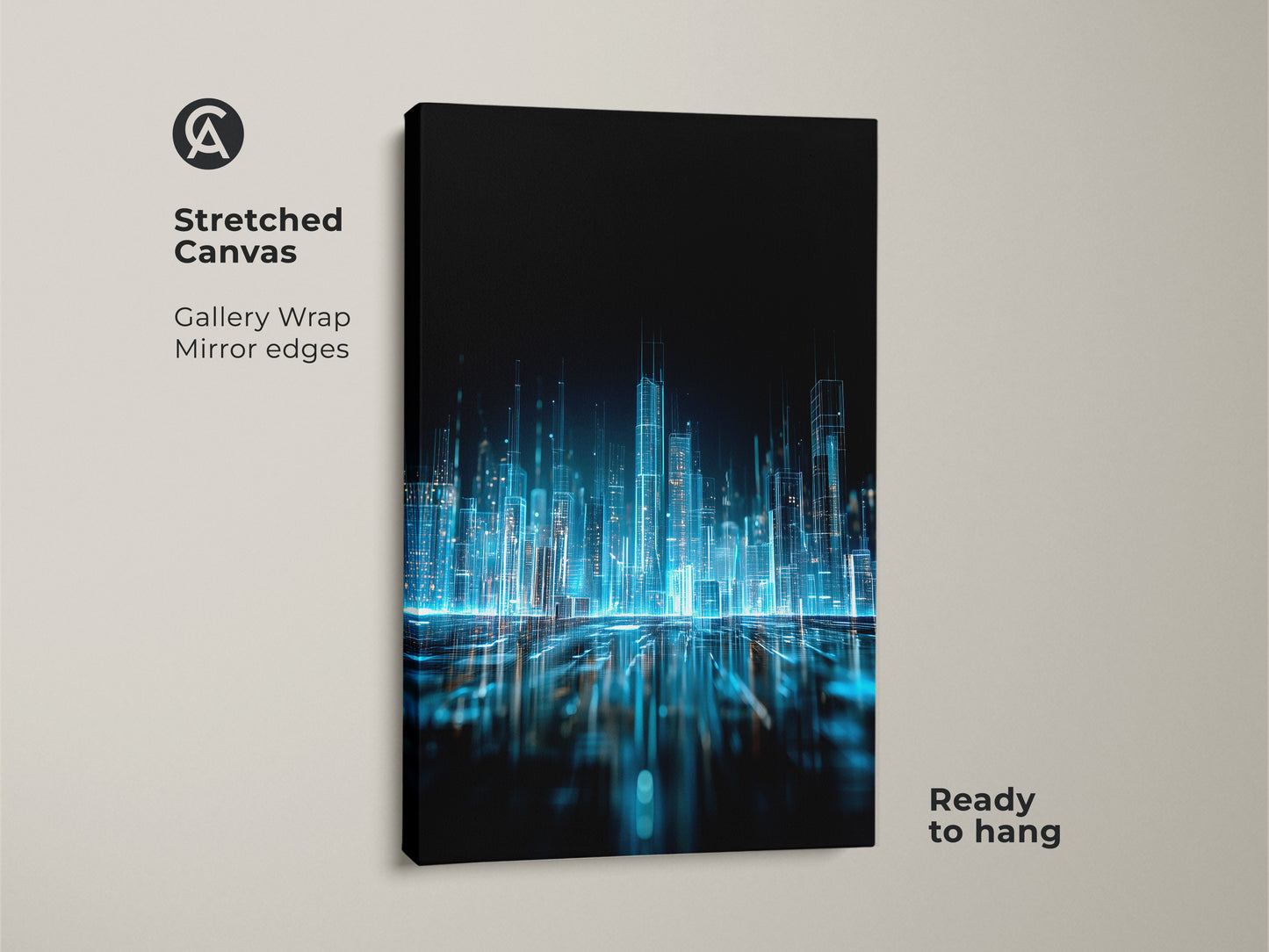 Stretched canvas art featuring an abstract glowing city. This futuristic artwork is ready to hang. The art has mirror edges and a gallery wrap. The canvas enhances the glowing details. Purchase it today.