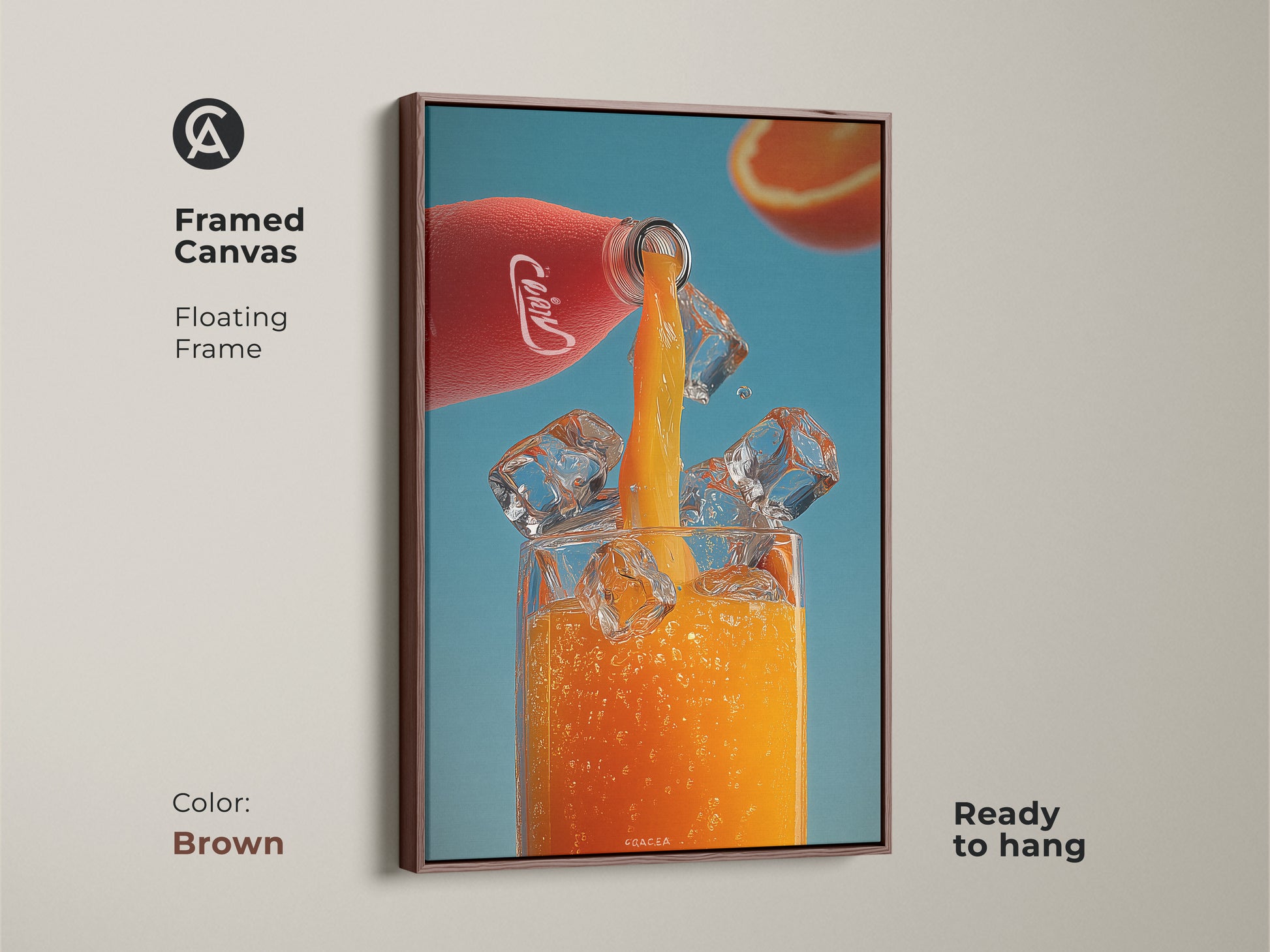 Framed canvas art featuring a refreshing orange juice pour. The brown floating frame adds warmth to this modern kitchen artwork. A vibrant red bottle pours juice into a glass with ice against a blue background. Perfect for a home bar or juice lover gift.