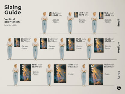 Sizing guide for the forest hiker artwork. Vertical orientation options are available in small medium and large sizes. Perfect for canvas or poster prints. Find the ideal fit for your space and personal style. Enhance your home with this stunning nature art.