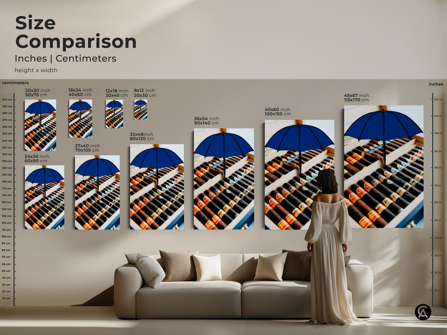 Size comparison of the cigar box and blue umbrella pop art print. This canvas art fits perfectly above a sofa. Choose from various sizes in inches and centimeters. This abstract umbrella art enhances living rooms. Great modern office art or an eclectic wall art addition.