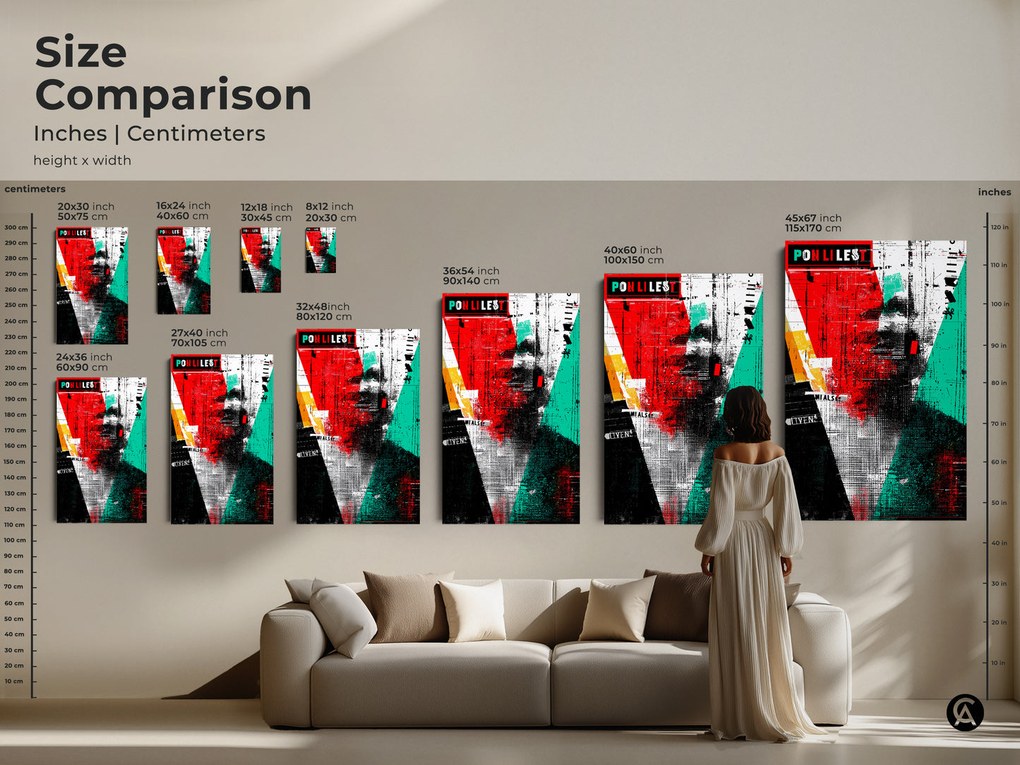 Size comparison of abstract collage wall art in a living room setting. The image shows various sizes of canvas prints above a sofa. Sizes include 16x24 12x18 8x12 20x30 24x36 27x40 32x48 36x54 and 40x60 inches. The red black and teal art enhances the modern decor.