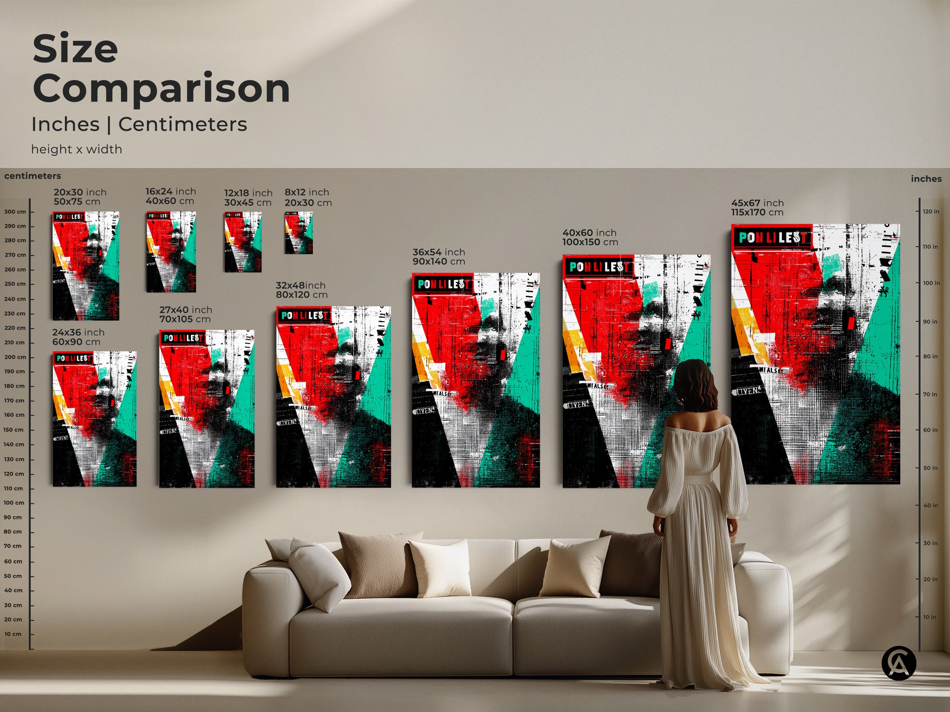 Size comparison of abstract collage wall art in a living room setting. The image shows various sizes of canvas prints above a sofa. Sizes include 16x24 12x18 8x12 20x30 24x36 27x40 32x48 36x54 and 40x60 inches. The red black and teal art enhances the modern decor.