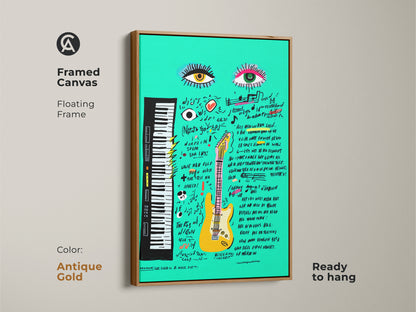 Teal guitar Pop Art canvas with antique gold floating frame. This vibrant abstract music artwork enhances studio or home decor. Its a unique wall hanging art that's ready to hang and enjoy.