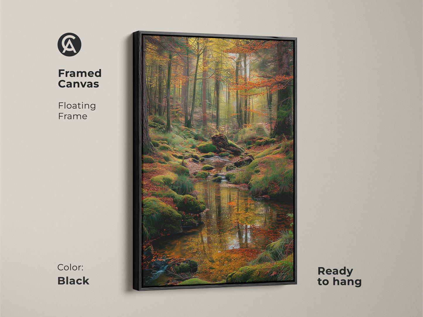 Black framed canvas artwork of a forest stream. The floating frame enhances the natural beauty of the scene. Ready to hang and easy to install. Perfect for adding a touch of nature to your home decor with this framed artwork.